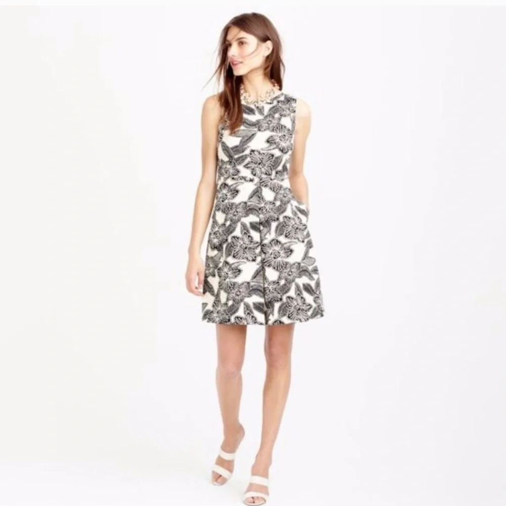 J. Crew Black and Cream Floral Sleeveless Fit-and-Flare Dress Size 2